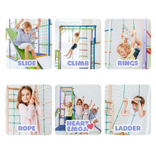 Load image into Gallery viewer, EZPlayToys Koala Adventure Kids Wooden Playset with numerous features including a slide, monkey bars, climbing ladder, gymnastic rings, and climbing rope.