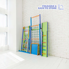 Load image into Gallery viewer, EZPlayToys Koala Adventure Kids Wooden Playset folded up and in storage mode in a white bedroom, easy and safe