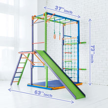 Load image into Gallery viewer, EZPlayToys Koala Adventure Kids Wooden Playset dimensions in a white room at 63" wide, with a 37" monkey bar length and 73" in height