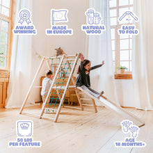Load image into Gallery viewer, EZPlayToys Panda Playground Toddler Jungle Gym is award winning, made in europe with natural wood and easy to store. Each feature supports up to 50lb of weight for ages 18 months and up