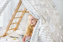 Load image into Gallery viewer, EZPlayToys Panda Teepee Tents - young girl smiling playing from within the teepee which features high quality cotton
