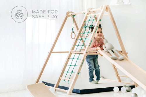 EZPlayToys Plush Play Mat child playing in jungle gym combination with playmat safely, smiling