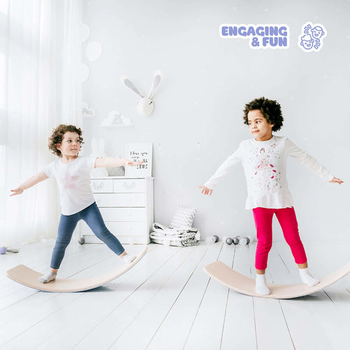 EZPlayToys Wobble Boards in action two young children safely wobbling and balancing