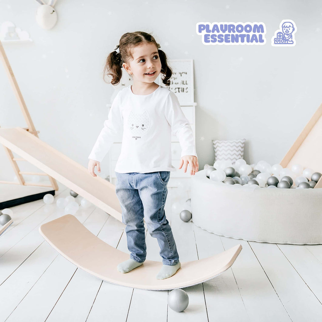 EZPlayToys Wobble Board with child smiling cutely balancing, a playroom essential toy