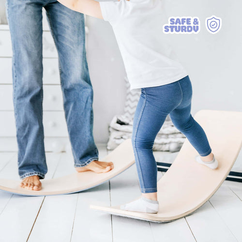 EZPlayToys Wobble Board showing parent and child enjoying wobble board