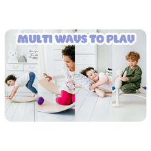 Load image into Gallery viewer, EZPlayToys Wobble Board showing multi ways to play with children enjoying product safely
