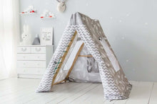 Load image into Gallery viewer, EZPlayToys Panda Teepee Tents feather gray in a white bedroom
