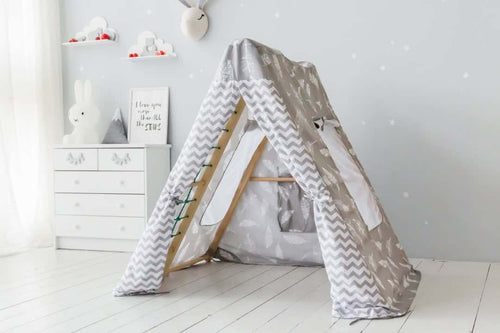 EZPlayToys Panda Teepee Tents feather gray in a white bedroom