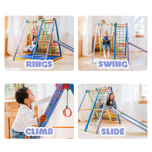 Load image into Gallery viewer, EZPlayToys Panda Playground Toddler Jungle Gym featuring swinging rings, the swing, climbing ladder, climbing net and a slide
