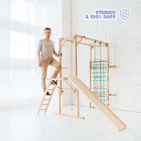 Load image into Gallery viewer, EZPlayToys Koala Adventure Kids Wooden Playset - strong and durable showing a young man standing on the slide ladder
