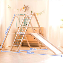 Load image into Gallery viewer, EZPlayToys Panda Playground Toddler Jungle Gym dimensions at 52&quot; wide by 52&quot; height and 98&quot; in total length
