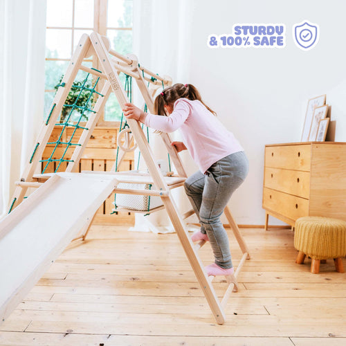 EZPlayToys Panda Playground Toddler Jungle Gym is 100% sturdy and 100% safe for children, made of natural wood and organic paint