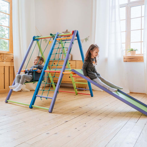 EZPlayToys Panda Playground Toddler Jungle Gym showing two children, one swinging and a young girl sliding down the slide