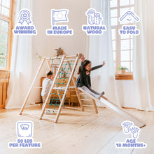 Load image into Gallery viewer, EZPlayToys Panda Playground Toddler Jungle Gym is award winning, made in europe with natural wood and easy to store. Each feature supports up to 50lb of weight for ages 18 months and up
